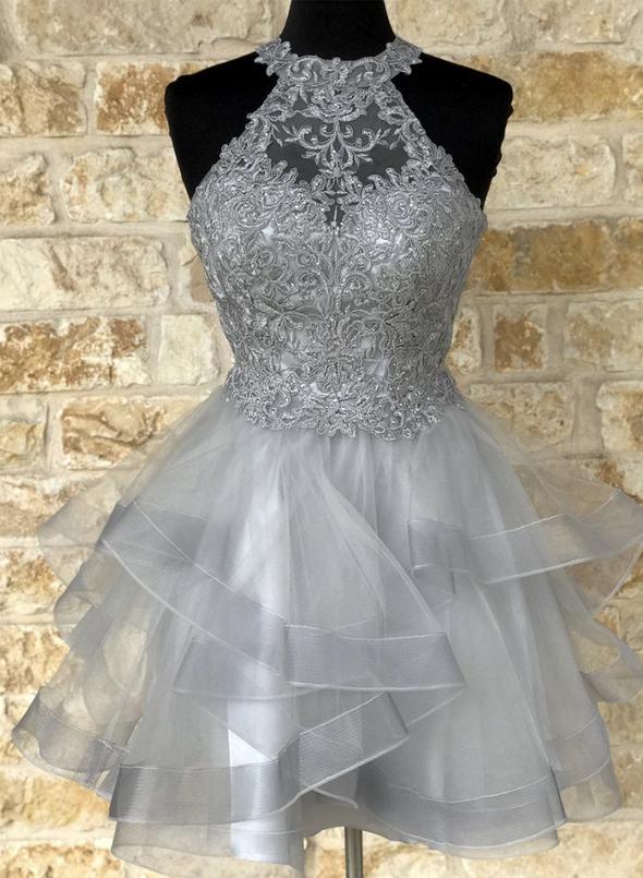 Gray lace short lace evening dress Homecoming Dresses cg14465