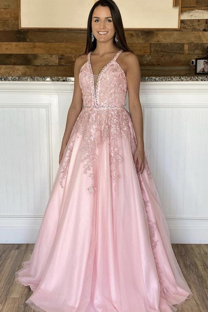V Neck Open Back Pink Lace Long Prom Dress, Pink Lace Formal Dress, Pink Evening Dress cg14483