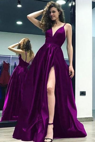 Sexy Side Slit Backless Spaghetti Straps A-line Long Evening Prom Dresses cg14491