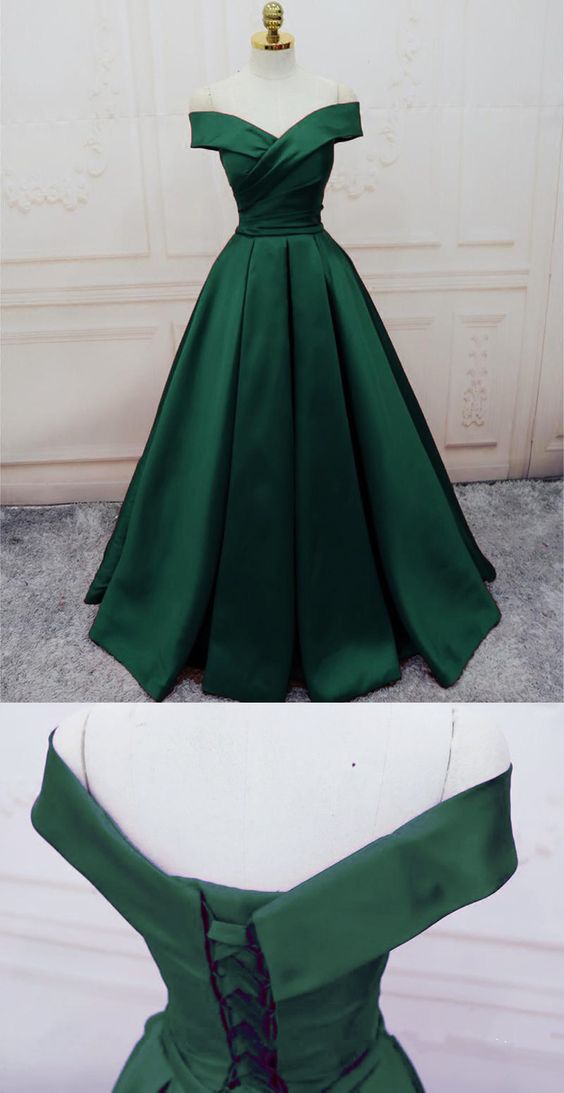 Emerald Green Long Satin Evening Dresses V-neck Off The Shoulder Prom Dresses cg14497