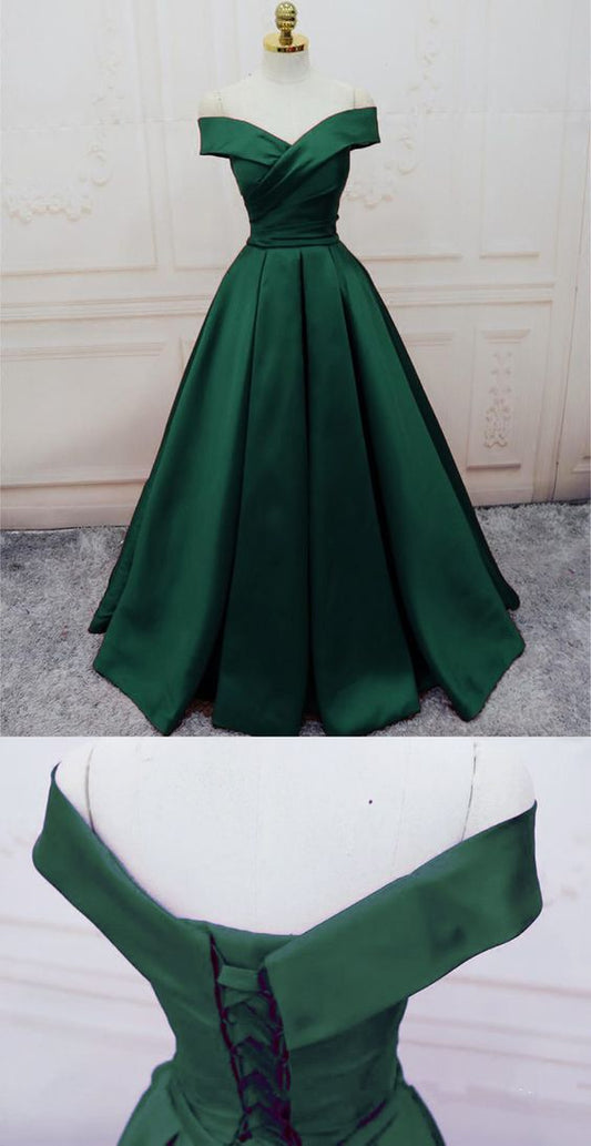 Smaragdgrüne lange Satin-Abendkleider mit V-Ausschnitt, schulterfrei, Ballkleider cg14497