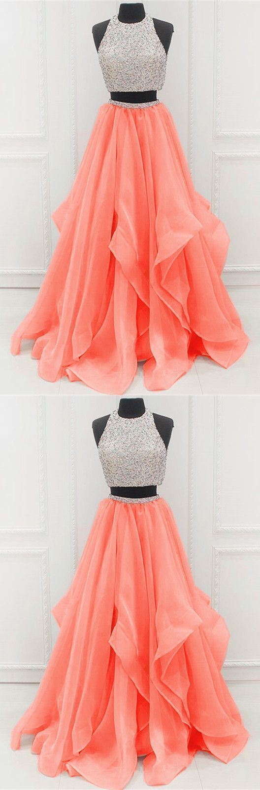 Two piece a line beaded tulle Unique Prom Dresses cg14499