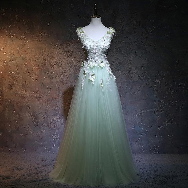 Beautiful Light Green V-Neckline Tulle Party Gown, A-Line Tulle Prom Dress cg14524