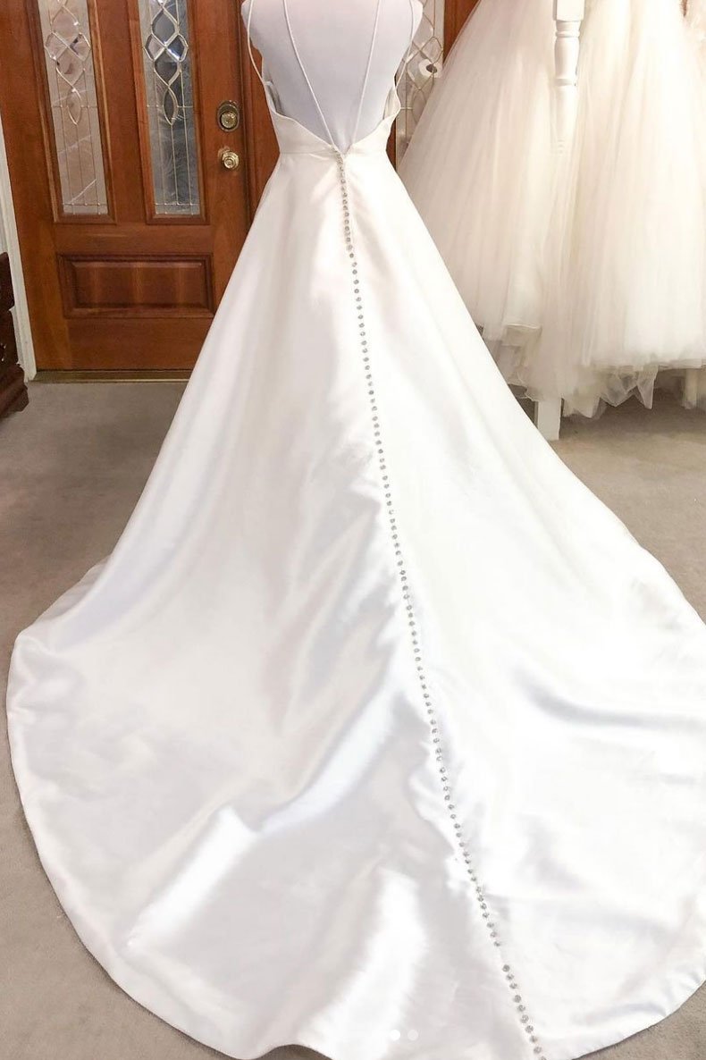 langes Ballkleid Einfaches weißes V-Ausschnitt Satin langes Hochzeitskleid weißes Brautkleid cg14526