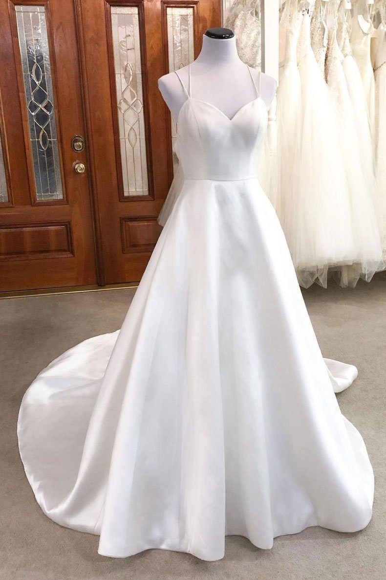 langes Ballkleid Einfaches weißes V-Ausschnitt Satin langes Hochzeitskleid weißes Brautkleid cg14526