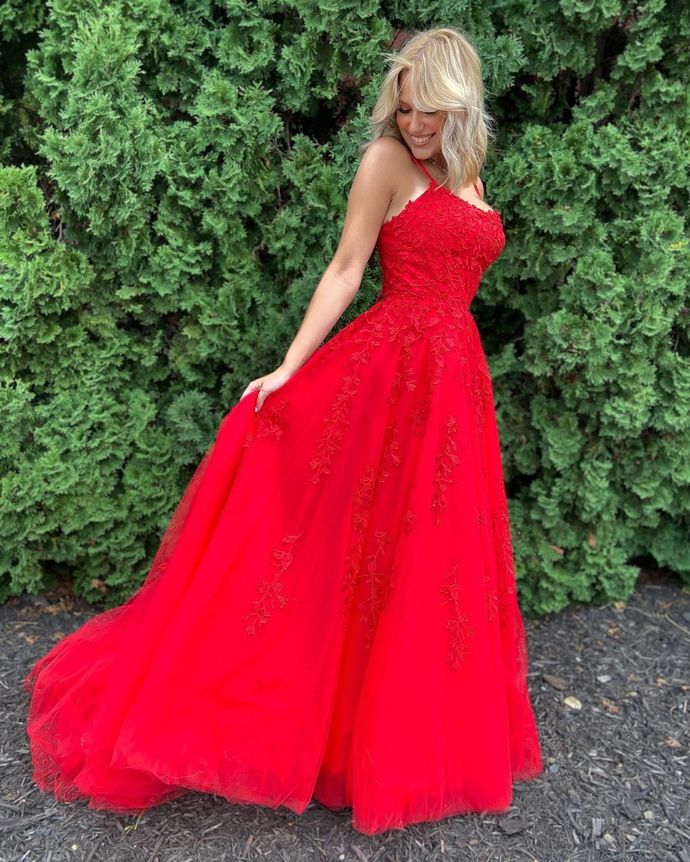 Red Prom Dress,A-Line Prom Gown,Appliques Evening Dress,Tulle Prom Gown cg14531