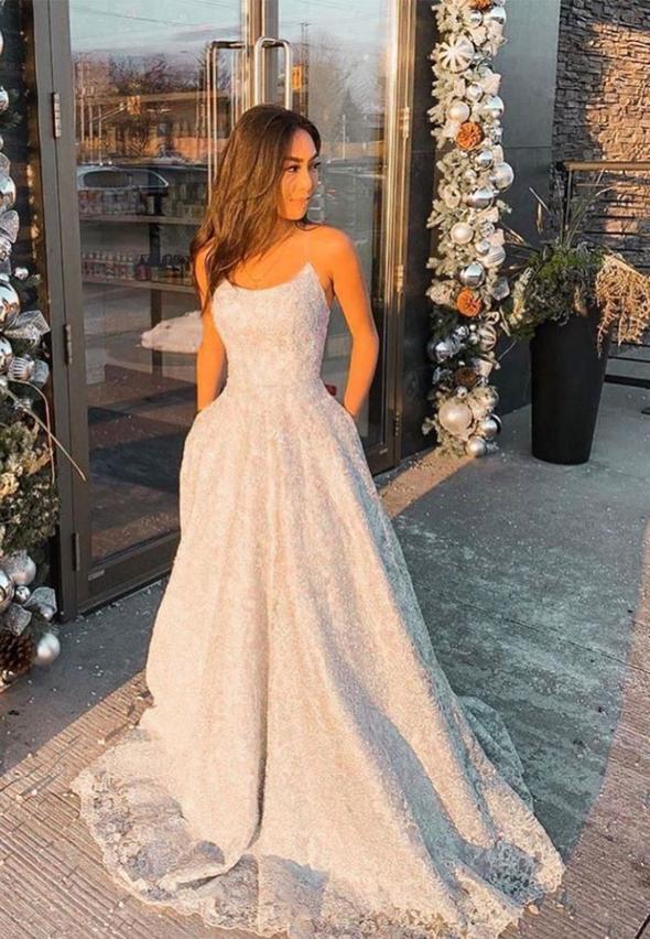 Schlichtes langes A-Linien-Ballkleid aus Spitze, Abendkleid cg14538