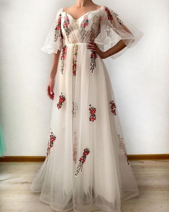 Off Shoulder Bell Sleeve Floral Long Prom Dress with Lace Up cg14543