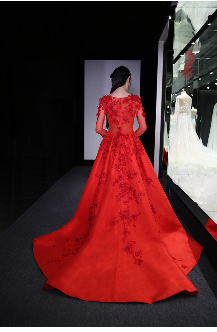 New Long Sleeve Ball Gowns Robe De Bal Longue Illusion Hand Made Tulle Back Tail Prom Dresses cg14548