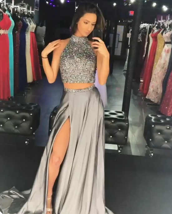 grey 2 piece split prom party dress with beaded cg14550