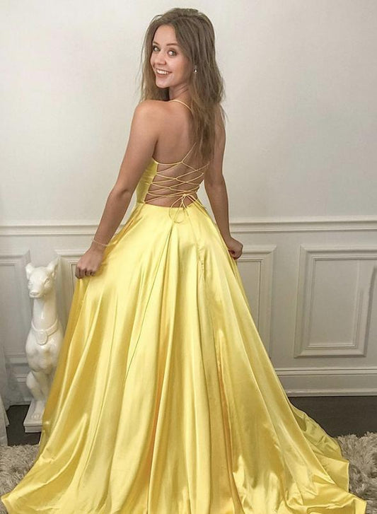 Gelbes langes Ballkleid aus Satin, schlichtes Abendkleid, cg14561