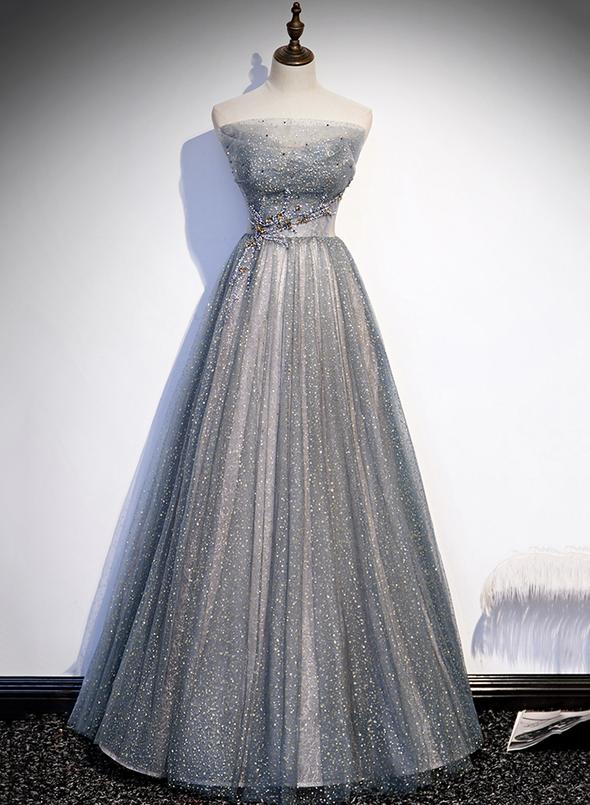 Gray tulle beads long prom dress evening dress cg14562