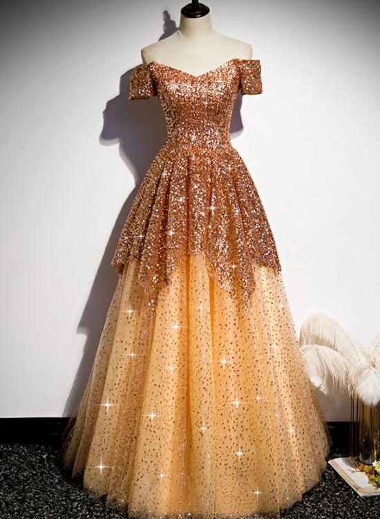 Gorgeous Gold Sequins Long Formal Gown, A-Line Golden Tulle Prom Dress cg14564