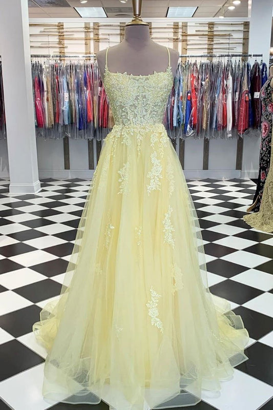 Langes Ballkleid aus gelber Tüllspitze, gelbes Abendkleid aus gelber Spitze, cg14565