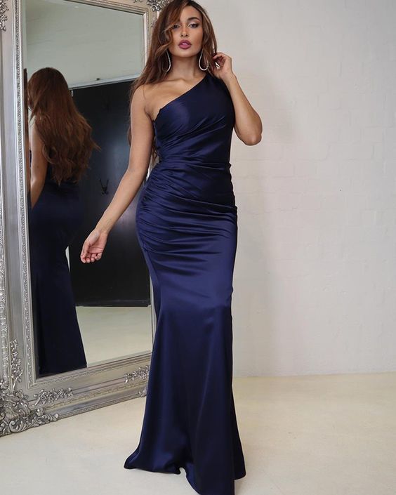 Simple Navy Blue Ruched Satin One Shoulder Prom Dress cg13568