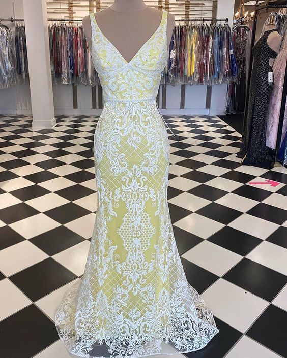 V-neck White & Yellow Lace Mermaid Prom Dress cg13576