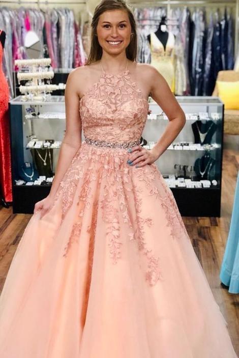 halter pink tulle long prom dress with lace appliques cg13579