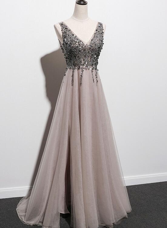Stylish Tulle Slit V-Neckline Beaded Long Party Dress, Tulle Prom Dress 2021 cg14593