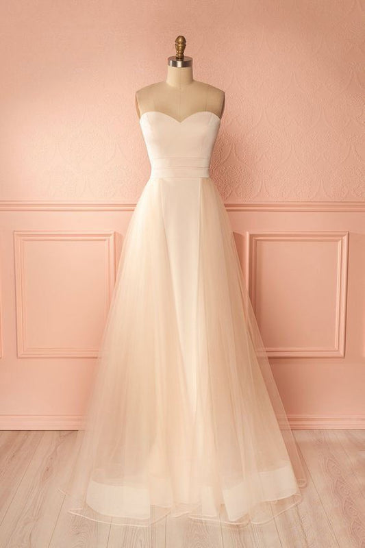Schlichtes, langes Ballkleid aus Champagner-Tüll, langes Abendkleid aus hellem Champagner-Tüll cg1460