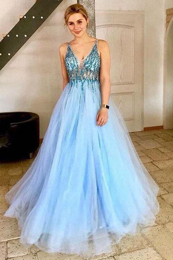 A-Line V-Neck Tulle Prom Dress with Sequins, Light Sky Blue Sparkly Party Dresses cg14609