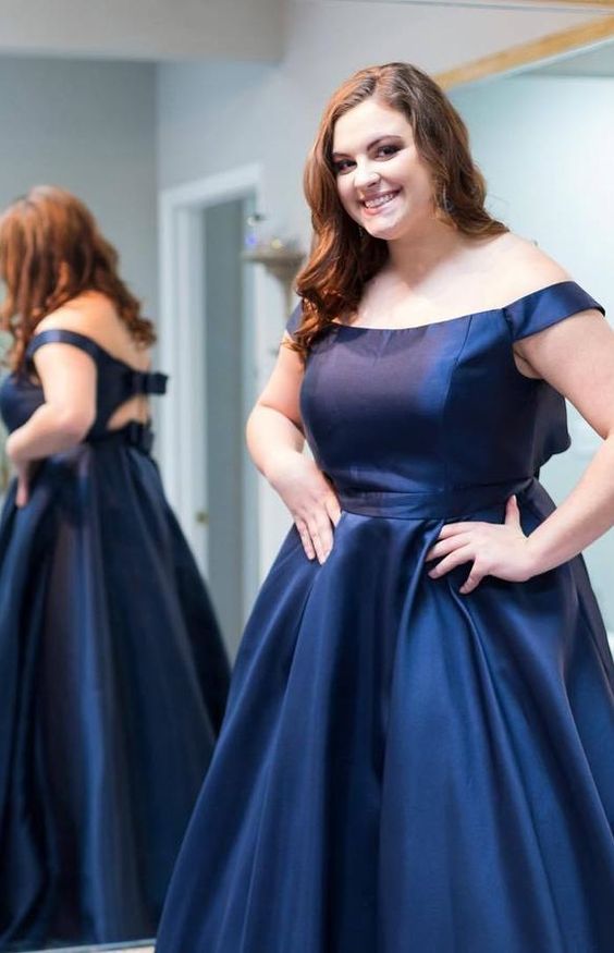 Plus Size Off Shoulder Navy Blue Long Prom Dress cg14616