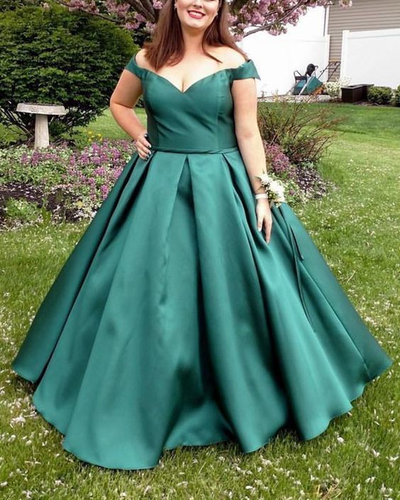 Satin Teal Off Shoulder Plus Size Ball Gown Sweetheart Prom Dresses cg14617