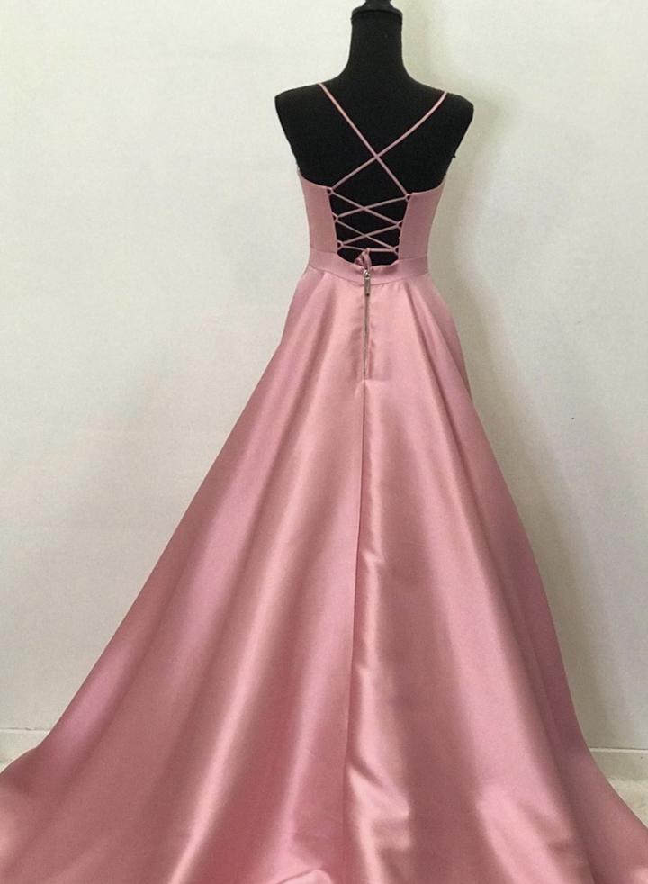 Pink v neck satin long prom dress pink evening dress cg14637
