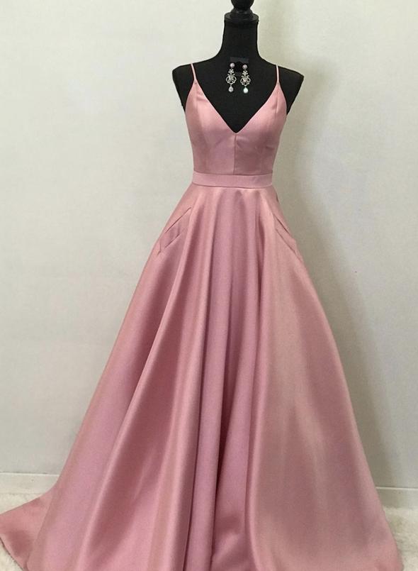 Pink v neck satin long prom dress pink evening dress cg14637