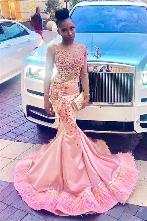 Schwarzes Ballkleid für Mädchen, transparenter Tüll, rosa Meerjungfrau-Ballkleid mit Federn, Kristallapplikationen, sexy Abendkleid mit Ärmeln, cg14652