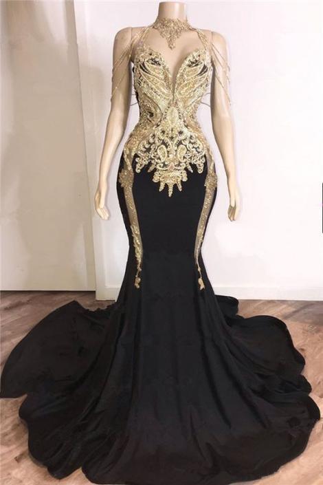 Schwarze Ballkleider für Mädchen mit goldenen Kristallapplikationen, schwarze Ballkleider günstig, ärmellose Meerjungfrau-Abendkleider, sexy cg14670