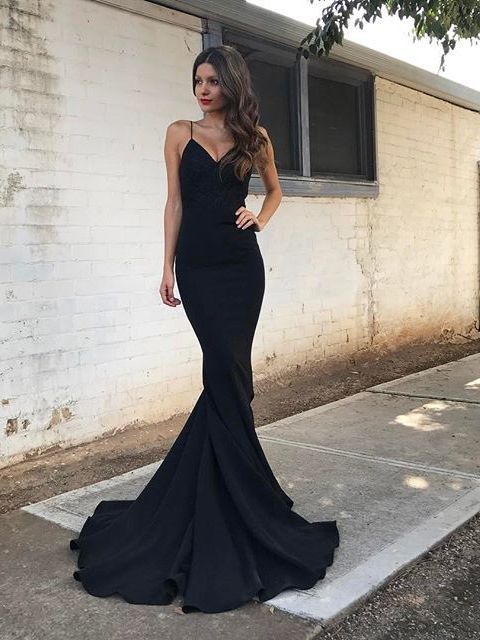 Elegant Straps Black Mermaid Long Evening prom Dress with Train cg14676