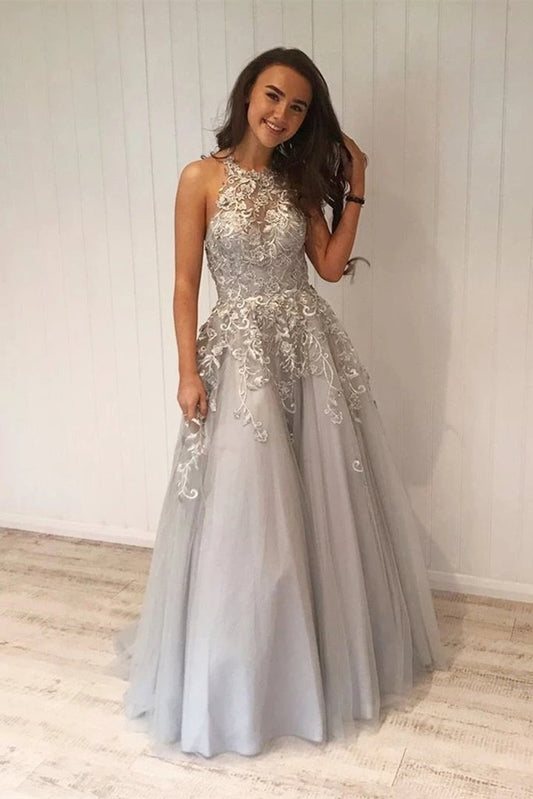 Langes Ballkleid aus grauer Spitze in A-Linie mit Applikationen, formelles Abendkleid aus grauer Spitze cg14701