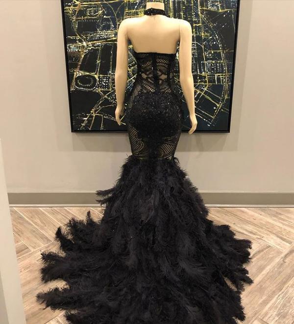 Lace Appliques Halter Feather Prom Dresses | Sleeveless Sexy Mermaid Evening Gowns cg14704
