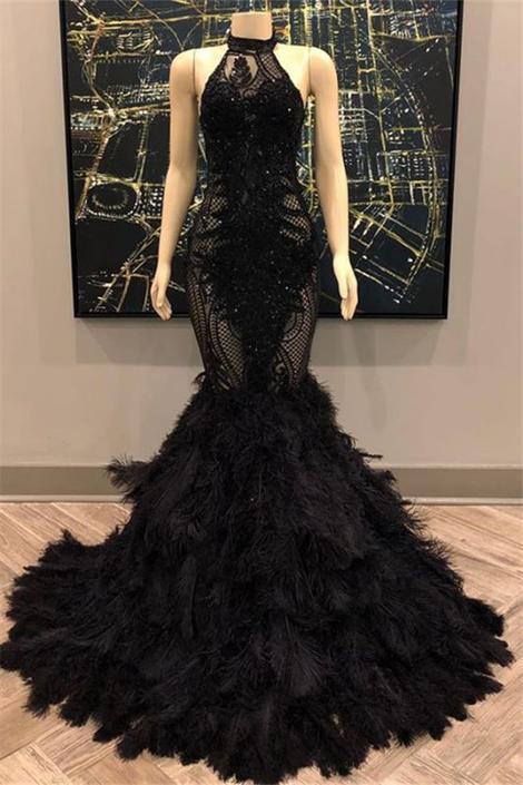 Lace Appliques Halter Feather Prom Dresses | Sleeveless Sexy Mermaid Evening Gowns cg14704