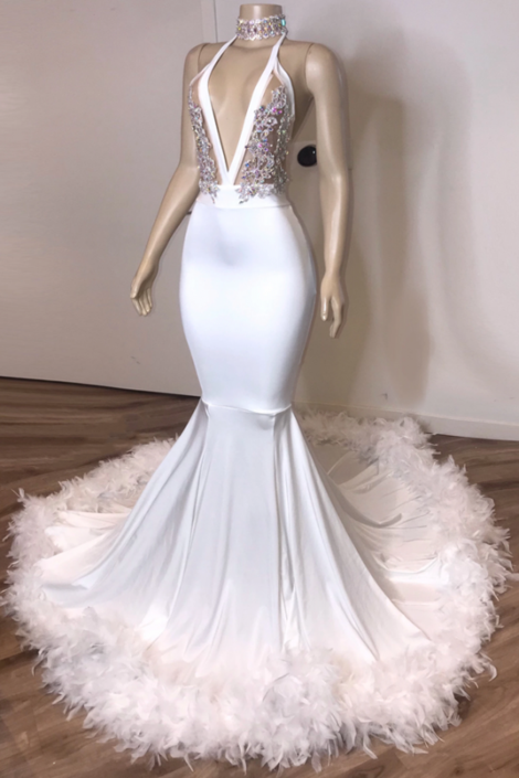 Black Girl Prom Dresses V-neck Sexy Backless White Prom Dresses with F classygown Black Girl Prom Dresses V-neck Sexy Backless White Prom Dresses with F classygown