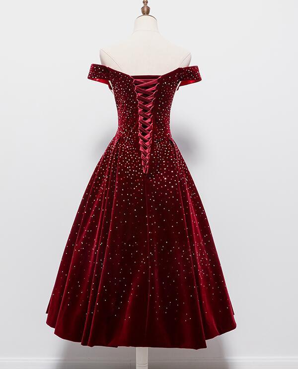 Wunderschönes weinrotes Teelänge Sweetheart Partykleid, Samt Brautjungfernkleid Ballkleid cg14714