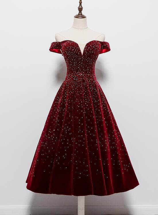 Wunderschönes weinrotes Teelänge Sweetheart Partykleid, Samt Brautjungfernkleid Ballkleid cg14714
