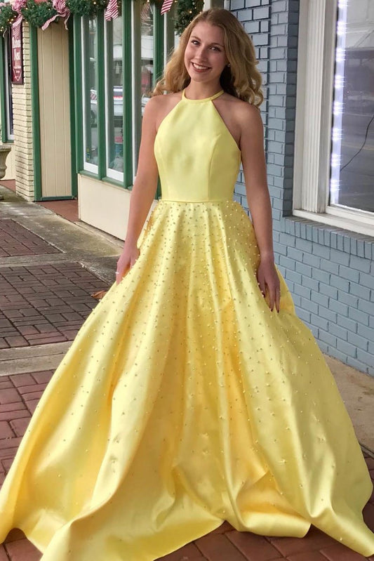Gelbes langes Ballkleid mit Satinperlen, gelbes Abendkleid, cg14717