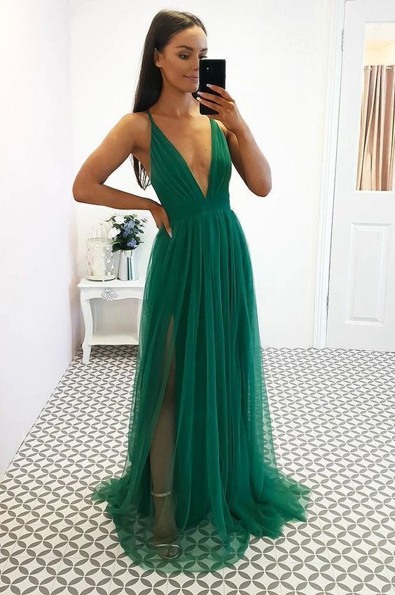 Green Tulle Prom Dress With Split,V Neck Back Open Evening Dresses with Train cg14718