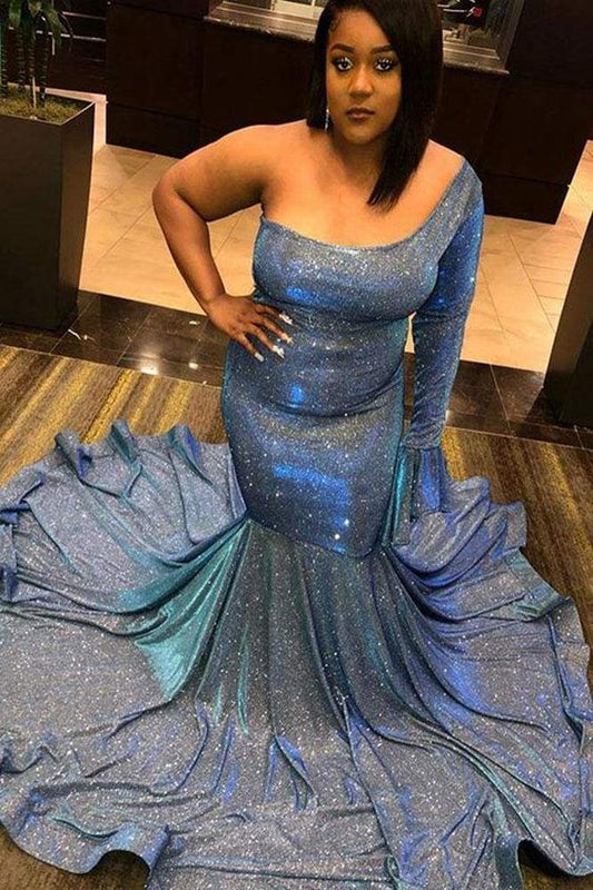 Glitzerndes Meerjungfrau-Ballkleid mit einer Schulter und langen Ärmeln, cg14774