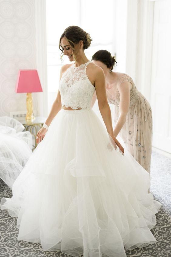 Romantic Halter Lace Crop Top Tull Skirt 2 Piece Prom Dress cg14780