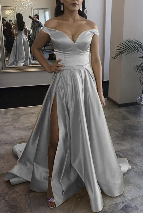 Silver prom long dresses 2021 off the shoulder split gown cg14790