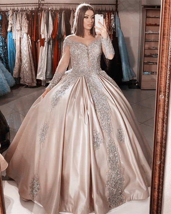 prom long dresses elegant lace long sleeves quinceanera dresses champagne satin ball gown for sweet 16 birthday party cg14791