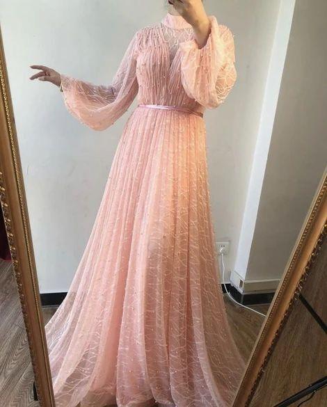 Long Sleeve A Line Pink Long Prom Dresses, Evening Formal Dress, cg14799