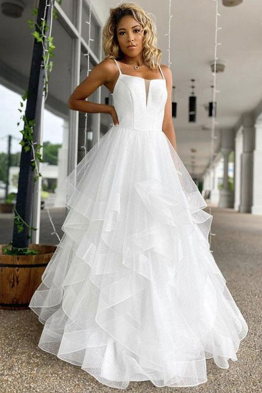 Weißes langes Ballkleid aus Tüll mit Pailletten, weißes Abendkleid, cg14808