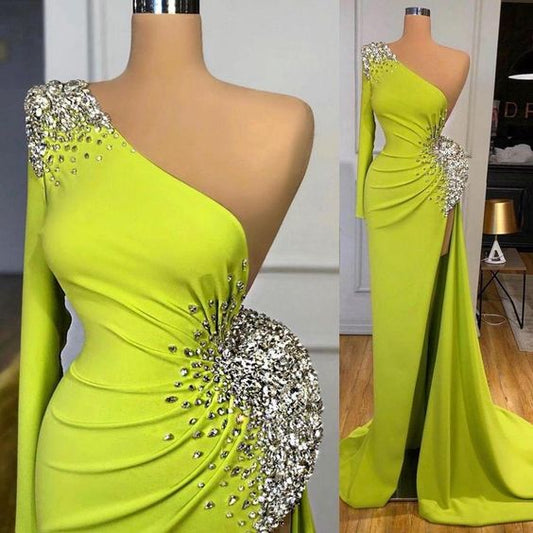 Eine Schulter Meerjungfrau Ballkleider 2021 Arabisch Glitter Perlen Side Split Abendkleider Satin Custom Frauen Formale Kleid cg14812