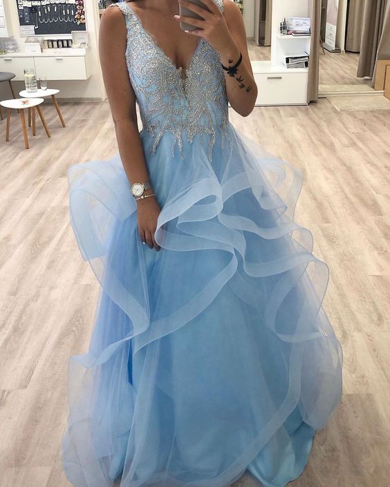 Blue A-Line Prom Dress,Charming V-Neck Evening Dress,Prom Dresses cg14819