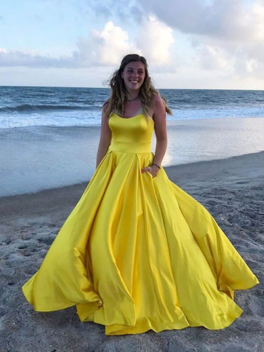 Gelbes langes Ballkleid aus Satin, gelbes Abendkleid, cg14826