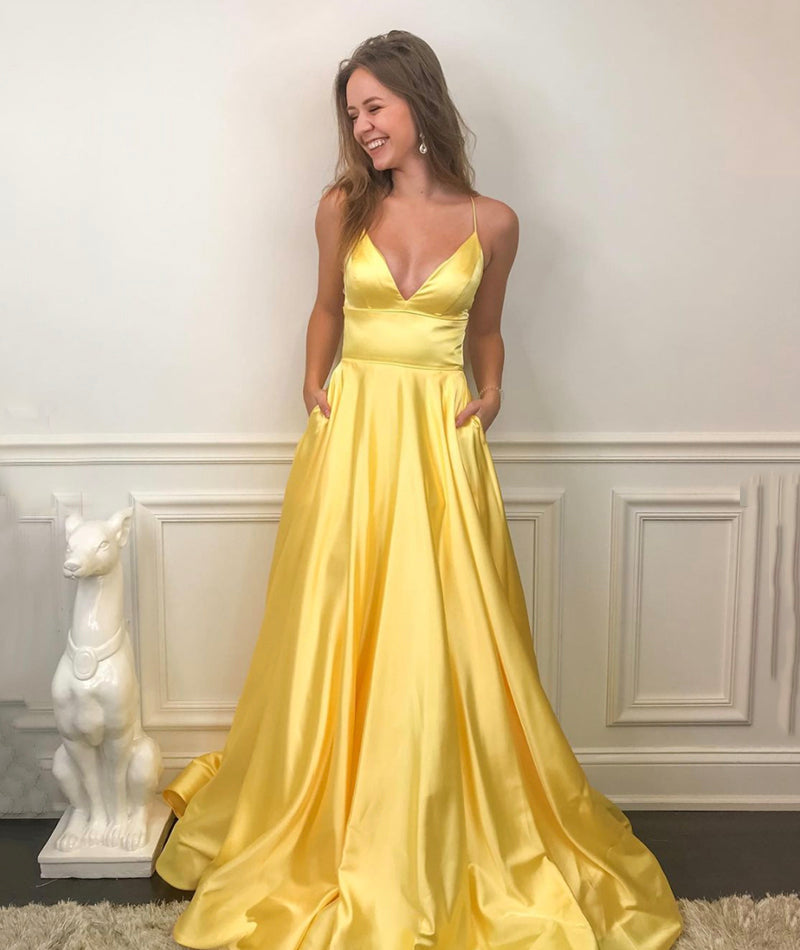 GELBES V-AUSSCHNITT SATIN LANGES BALLKLEID SCHLICHTES ABENDKLEID cg14829