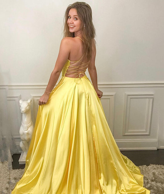 GELBES V-AUSSCHNITT SATIN LANGES BALLKLEID SCHLICHTES ABENDKLEID cg14829